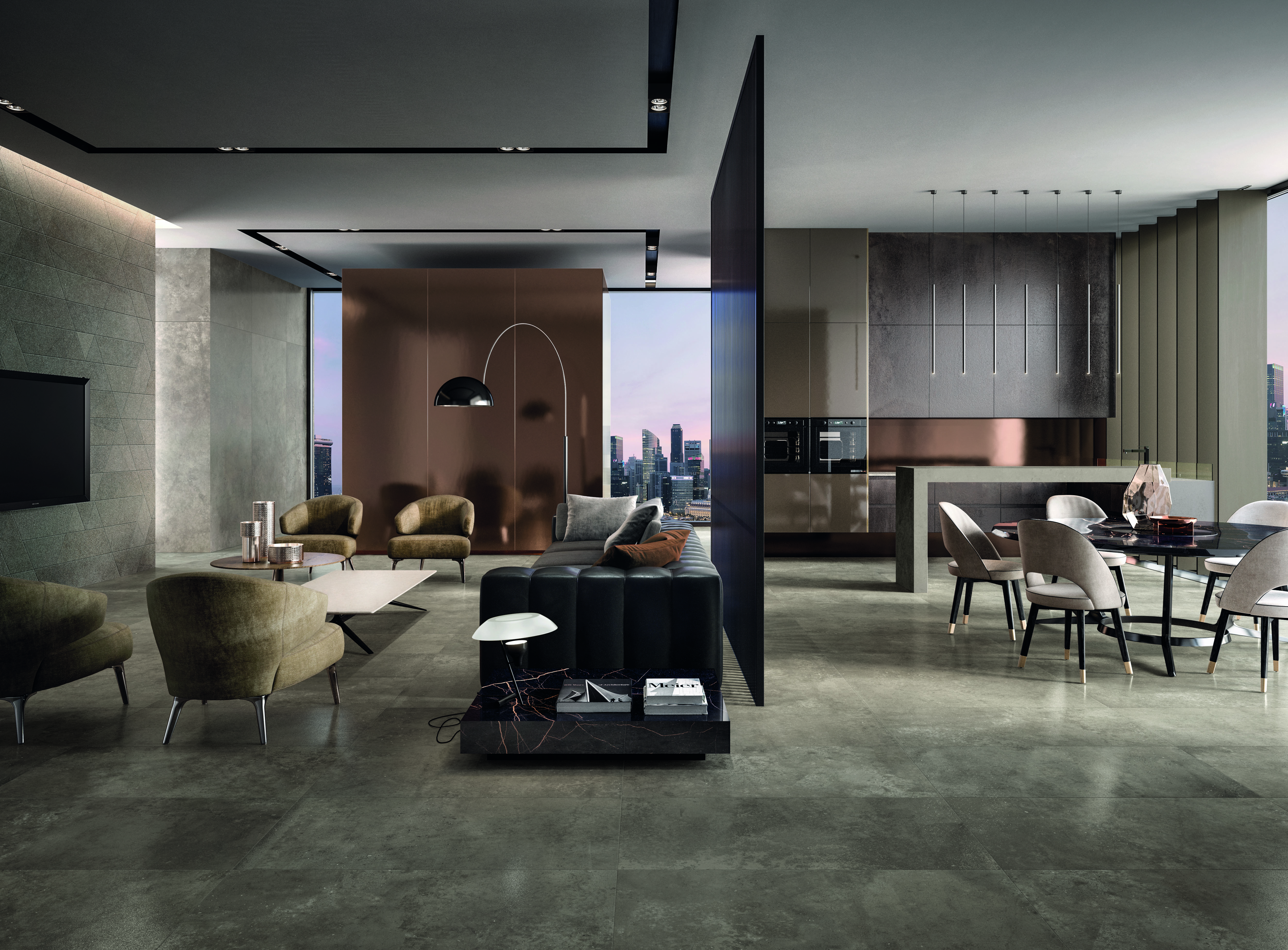 Cityscape apartment featuring porcelain tile in living space with exterior view of city skyline