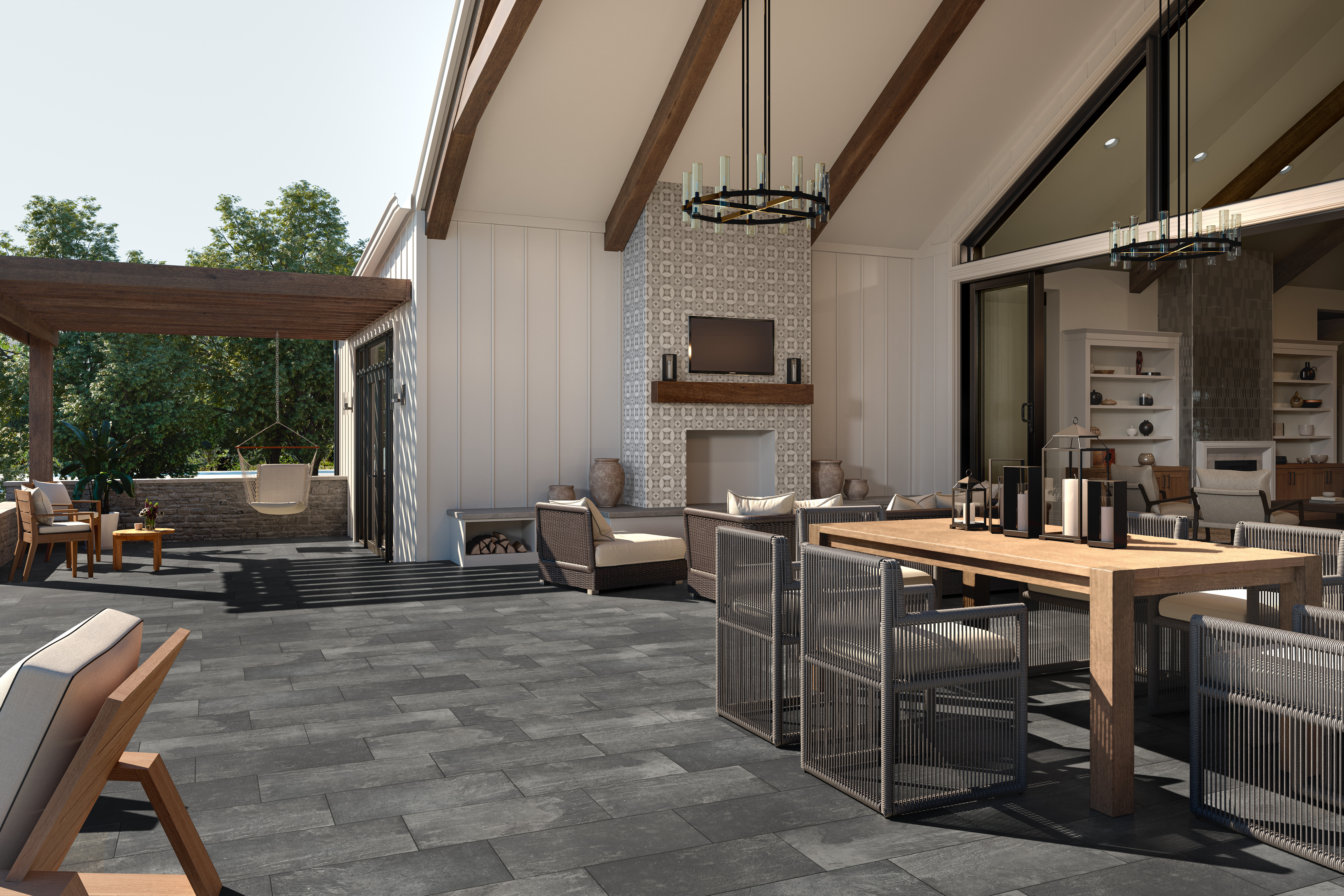 Exterior, contemporary patio setting with slate gray tile by Emser Tile