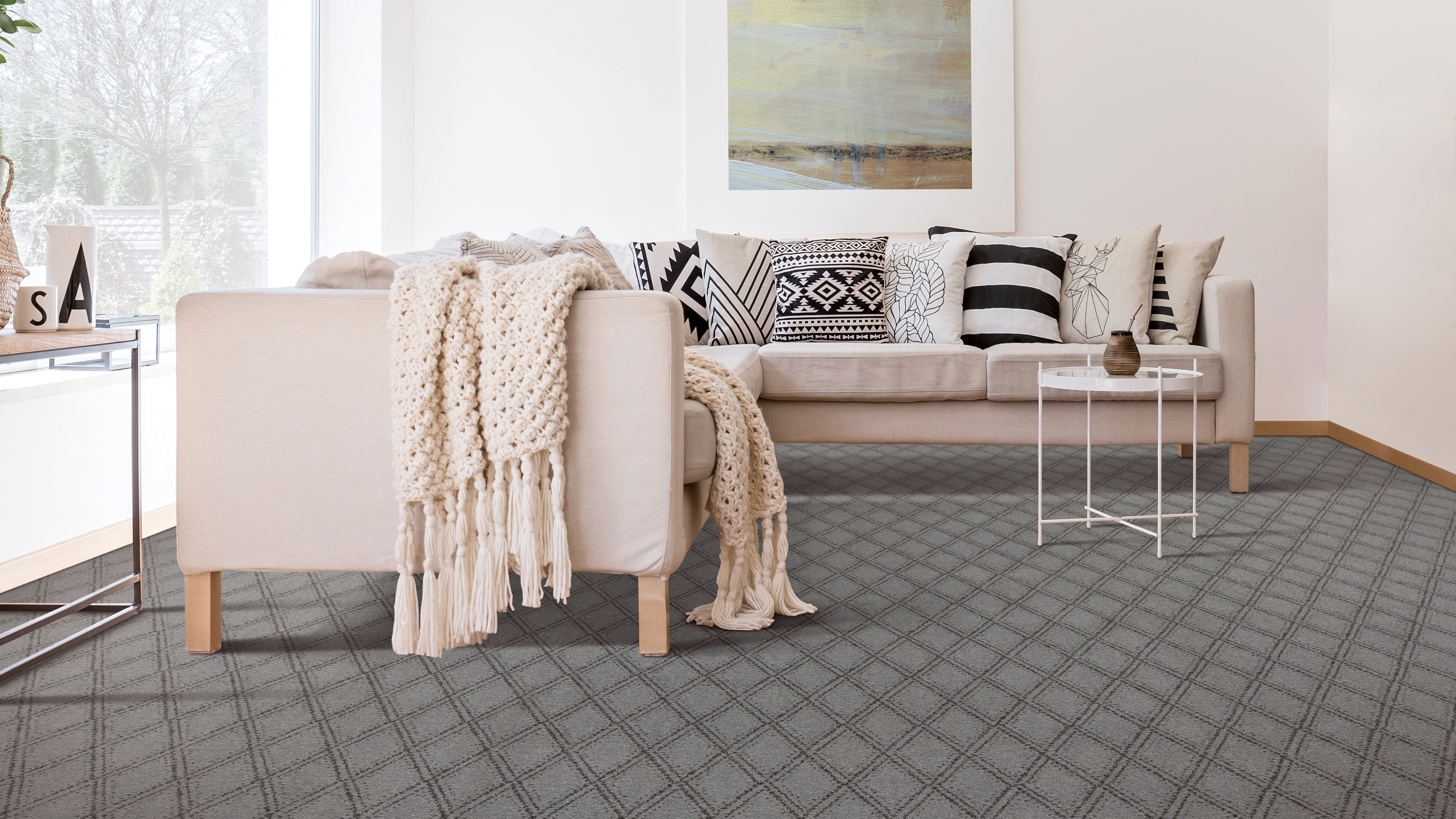 Patterned carpet in a living room, installation services available.